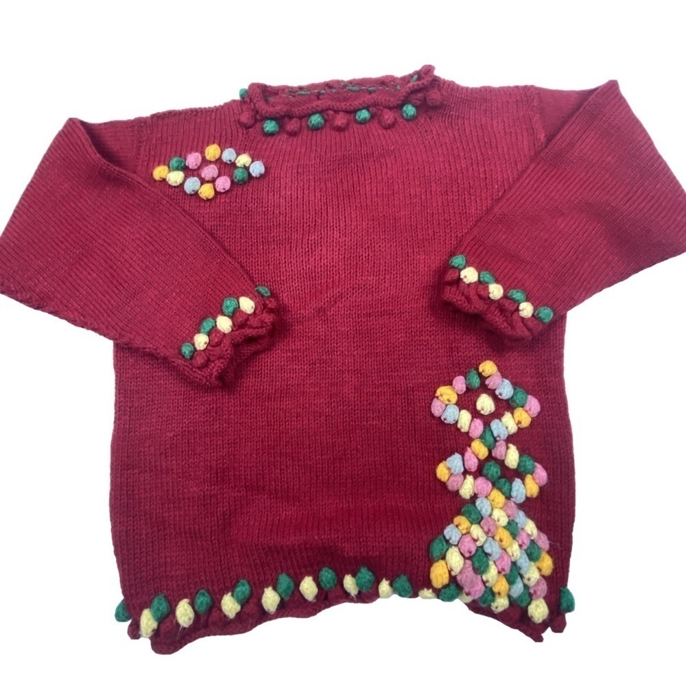 Handmade Ugly Christmas Sweater Knit Pom Poms Tacky Tree Wool Red Women’s Medium